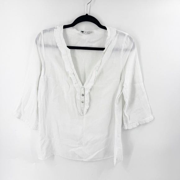 ✅ ANNE FONTAINE White Ruffled LINEN V-Neck Women's Top SIZE 42 (US 10) - Picture 1 of 9